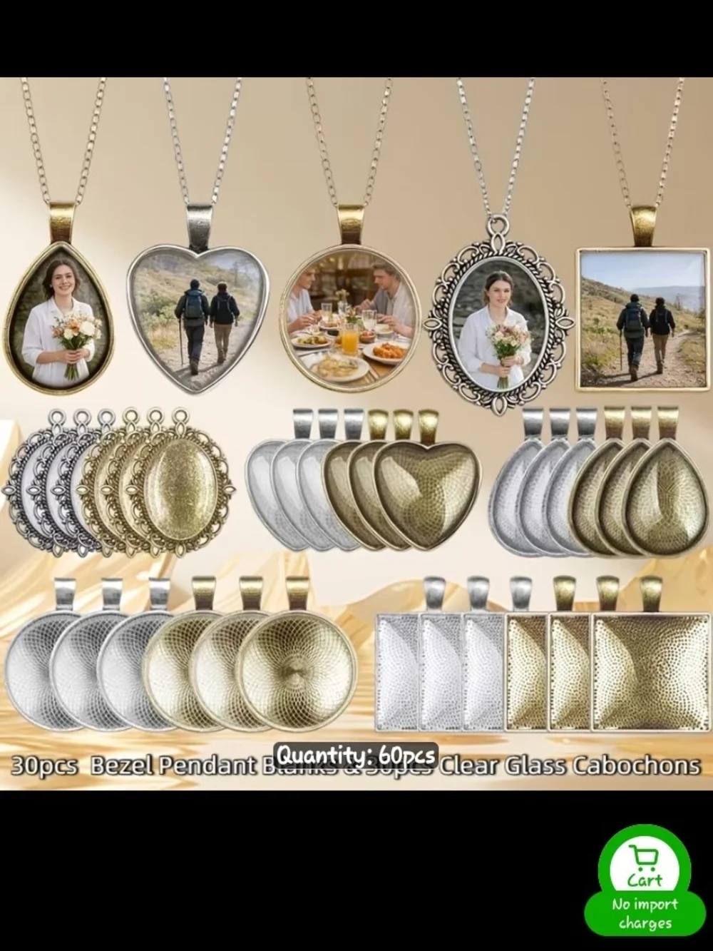 Photo Frame Pendant Necklace Blanks - Gold & Silver Bezel Cabochon Settings